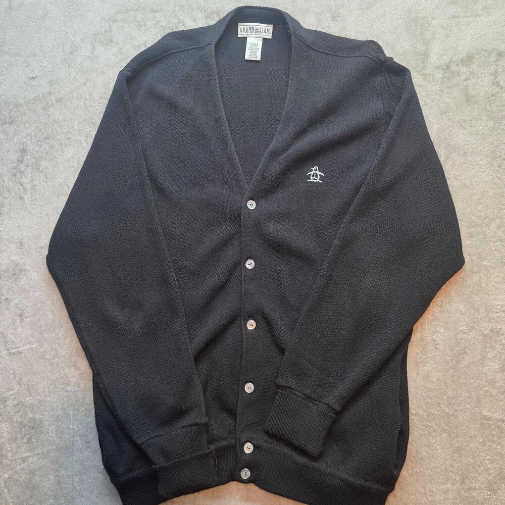 Grand Slam Sweater Womens XL Black V-Neck Button Front Penguin Cardigan Knit Vtg